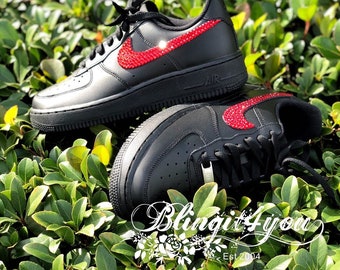 custom make Nike with Red Swarovski Crystals on Authentic Women's Black Nike Air Force 1 Low Sneakers Blinged Out Nike Shoes Cool Bling