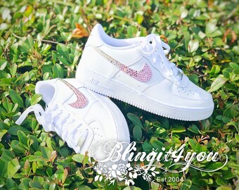 Swarovski Women's Nike Air Force 1 All White Low Sneakers Blinged Out With Authentic Swarovski Crystals Ombre Custom Bling Nike Shoes