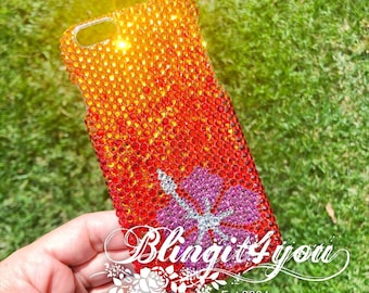 Apple iPhone XS MAX Case Cover with Swarovski Elements Crystal Handmade Orange Pink Hawaiian Flower Bling iPhone Case Gift for her Gift Idea