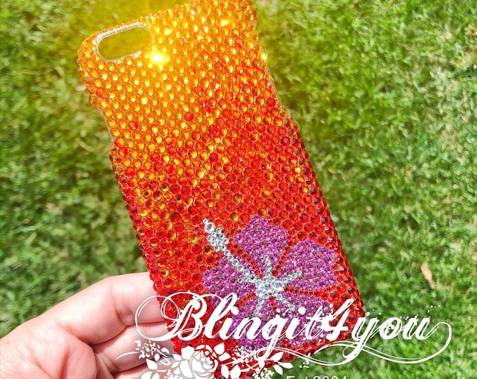 Apple iPhone XS MAX Case Cover with Swarovski Elements Crystal Handmade Orange Pink Hawaiian Flower Bling iPhone Case Gift for her Gift Idea