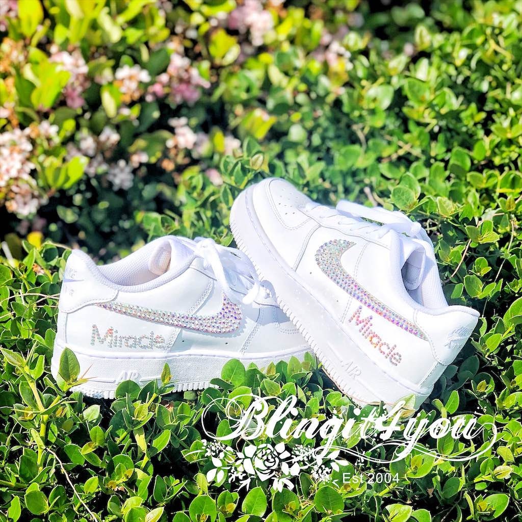 Custom Nike Air Force 1 women shoes, Swarovski Crystal Shimmer Nike AF1,  Custom make Nike shoes, Bling wedding dancing shoes with Name