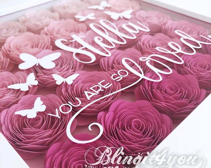 Name Announcement Sign, Flower Shadow Box, 3D Flower, Ombre Flowers, 8X8, 8X10, 12X12, 11X14 Shadow Box, Baby Shower Gift