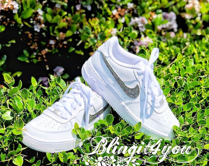 Swarovski Women's Nike Air Force 1 All White Low Sneakers Blinged Out With Authentic Black Diamond Swarovski Crystals Custom