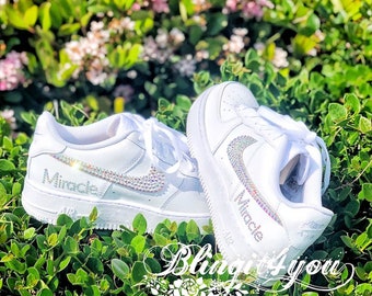 Custom Nike Air Force 1 women shoes, Swarovski Crystal Shimmer Nike AF1, Custom make Nike shoes, Bling wedding dancing shoes with Name
