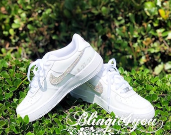 Swarovski Crystal Nike AF1 Low Top Women's Sneakers, Custom Wedding Shoes with Wedding Date, Custom Bride's Name Crystal Wedding Shoes