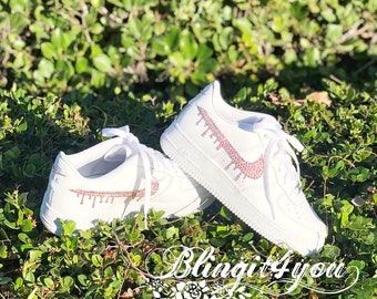 Swarovski bling on Women Nike Air Force 1 All White Low Sneakers Blinged Out With Authentic Swarovski Crystals Custom DRIP Bling Nike Shoes