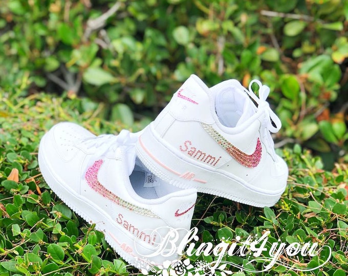 Custom Nike Air Force 1 women shoes, Pink Swarovski Crystal Nike AF1, Custom make Nike shoes, Bling wedding dancing shoes with Name
