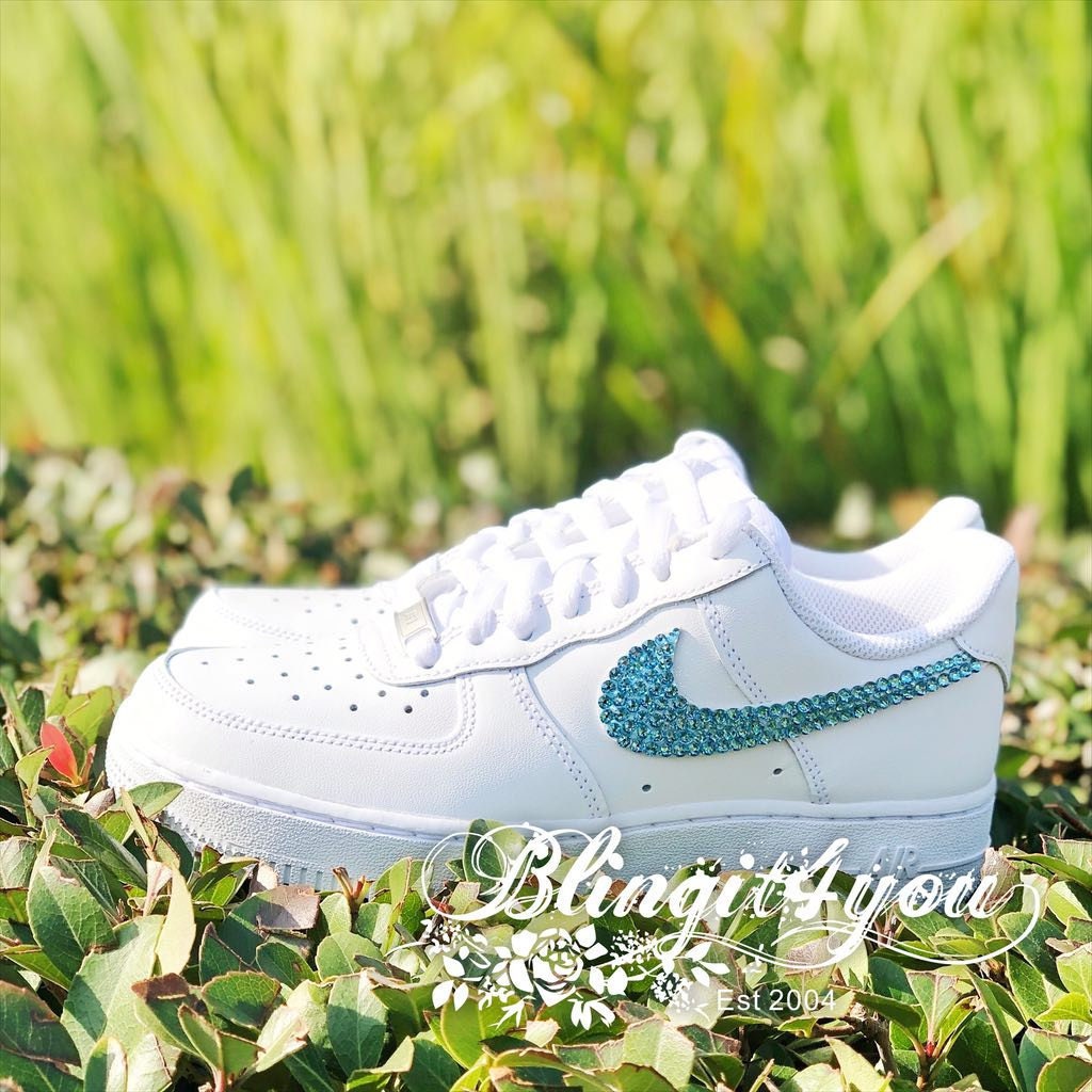 Swarovski Crystal Women's Nike Air Force 1 White Sneakers Blinged w/  Authentic Blue Swarovski Crystals Custom Bling Nike Shoes Gift for Her