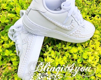 Personalized Nike Af1 custom made with pearl for wedding, graduation pearl bridal shoes, AF 1 wedding bling sneakers