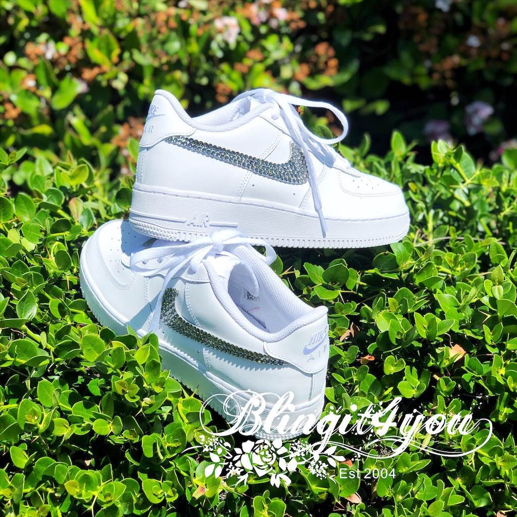 Swarovski Women s Nike Air Force 1 All White Low Sneakers Blinged Out With Authentic Black Diamond Swarovski Crystals Custom
