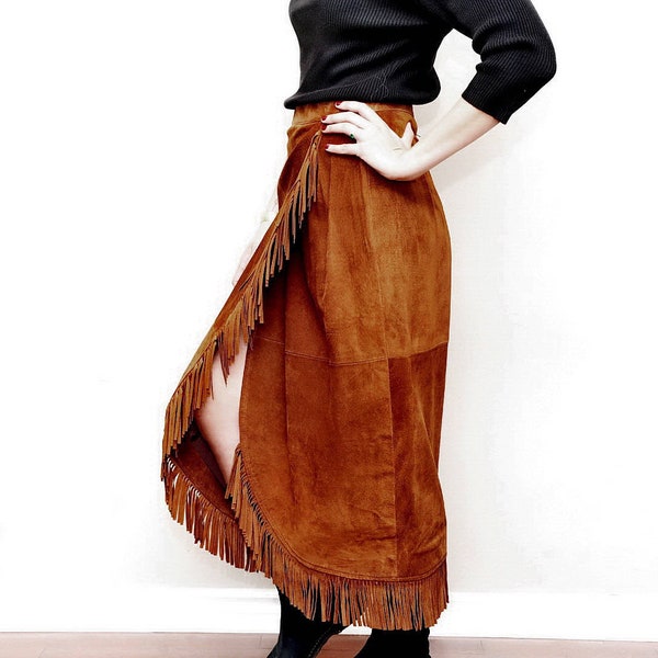Suede Fringe Full Length Skirt Southwestern Long Brown Leather Fringed Skirt Sexy Southwest Cowgirl High Fashion 1990s Vintage For Her