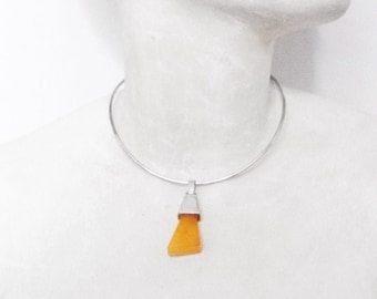 3.5 Inch Egg Yolk Baltic Amber Silver Pendant with Hardwire Necklace~Sterling Modernist Artisan Wearable Art~Amber Jewelry Gift for Her