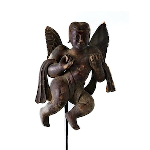 Antique Wooden Angel Sculpture Hand Carved Cherub Statue, Tabletop Cherubim, Rare Religious Statuary Icon with Asian Design Flair