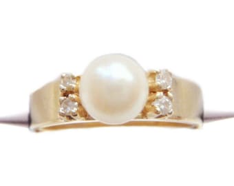 Pearl Diamond 14k Ring White Culture Pearl 4 Diamonds Ring~Pearl Promise Ring June Birthstone~1950s Estate Gifts for Her Mom Daughter BFF