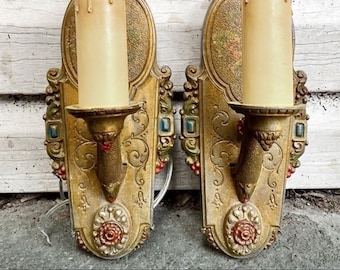 2 Art Deco Wall Sconces Pair 1920s Art Deco Riddle Co. Design Brass and Polychrome Wall Sconces for Entryway, Living Dining Room, Bathroom