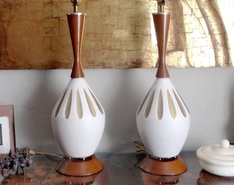 2 MCM Ceramic Teak Table Lamps. Pair Retro Ceramic and Teak American Mid Century Modern Scandinavian Danish Design Lighting and Home Decor