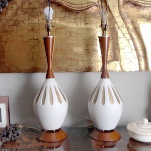 2 MCM Ceramic Teak Table Lamps. Pair Retro Ceramic and Teak American Mid Century Modern Scandinavian Danish Design Lighting and Home Decor