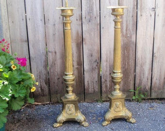 PAIR 31 Inch Church Candleholders French Antique Bronze Church Alter Floor Pricket Candlestick Candle Holders 4 Lion Feet Christian Decor