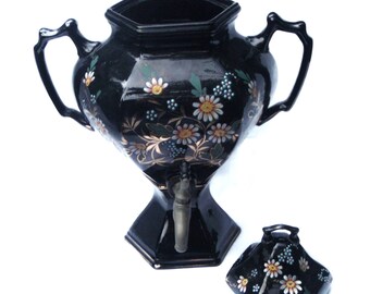 Antique Faience Water Crock Hand Made Painted Black Floral Decor~Large Terracotta Water Dispenser Early 20th Unique Home and Living Decor