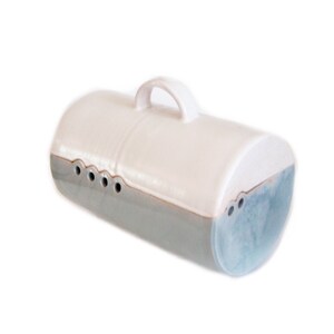 May include: A ceramic pet carrier with a white top and a gray and blue bottom. The carrier has a handle and small holes along the side. The rounded shape is ideal for small pets.