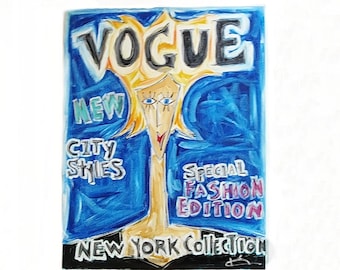 N.Y. Vogue Magazine Painting Karen Couillard Acrylic on Canvas Original Wall Art Shopping Diva New York Fashion Edition 1990 - OOAK Gift