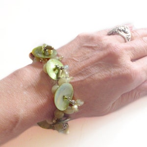 Pastel Green Mother of Pearl Bracelet - Summer Dangle and Drop MOP and Beads Bangle