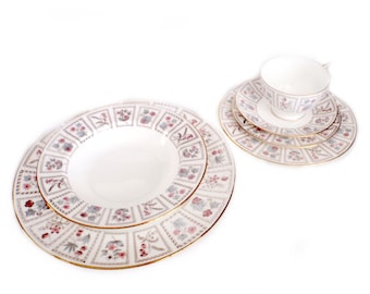 6 Pc Minton Tapestry Dinnerware Set Dinner Soup Salad Butter Plates, Cups and Saucer Pattern S-699 Hand Painted British Bone China Gift