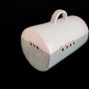 May include: A ceramic container with a white top and a light blue base. The container has a handle on top and a series of small holes along the side. The shape is cylindrical with rounded ends.
