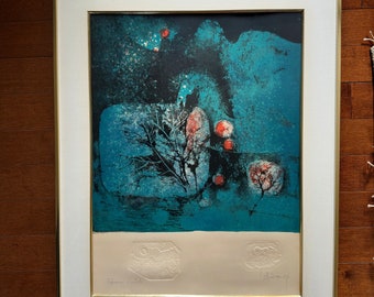 Hoi Lebadang Flower Trees in Moonlight Framed Wall Art c. 1960s, Signed and Embossed Lebadang Lithograph for Living Room, Dining Room Decor