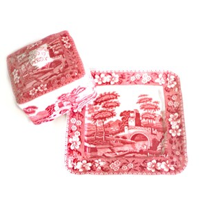 Spode Pink Tower Covered Butter Dish - Red Transferware Butter Server - Vintage Tableware for Fine Dining