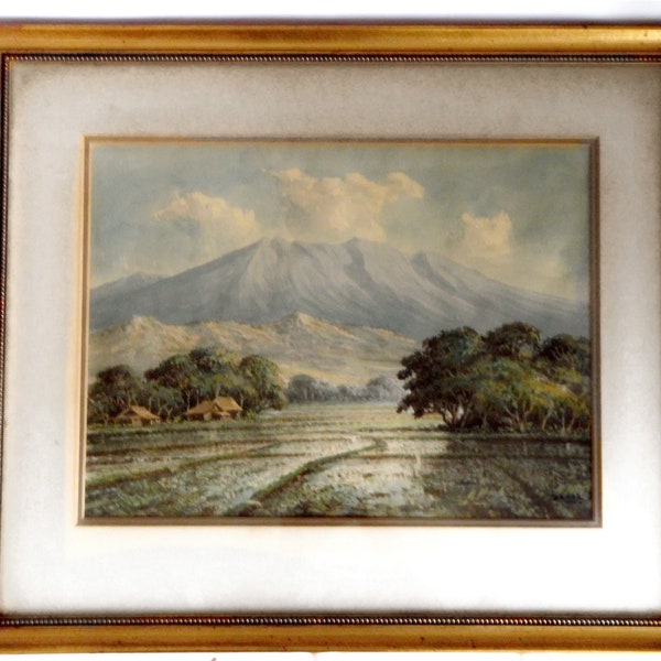Basar Watercolor Java Indonesian Rice Terraces and Volcanic Mountain Landscape Framed Painting~Rice Fields in Java Watercolor by Basar