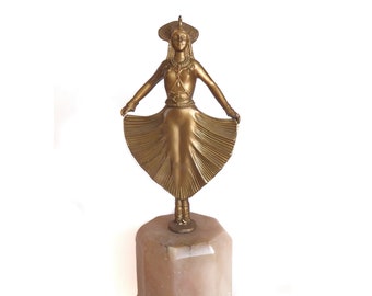 Art Deco Showgirl Sculpture~1930 Art Deco Egyptian Revival Cabaret Dancer Signed 15 Inch Statue~Ziegfeld Girl on Pink Marble Home Decor