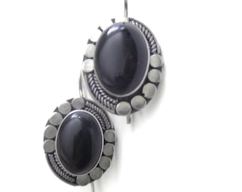 Vintage Southwestern Onyx Earrings, Sterling Silver Southwest Design High Fashion Onyx Pierced Earrings, Unique Jewelry Gift Idea for Her