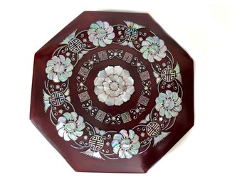 Lacquered Rosewood Mother of Pearl Octagon Jewelry Trinket Whatnot and Nuts, Candy Treats Box Lacquer Ware & MOP Gift for Her Home Decor