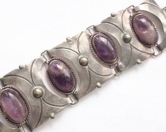 Taxco 980 Amethyst Wide Panel Bracelet/Art Deco Mexico 980 Silver and Amethyst 1930s Wide Cuff Bracelet Jewelry Gifts for Her Wife Mom BFF
