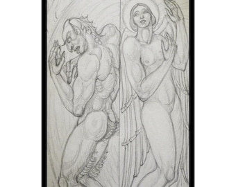 Art Deco Archangels Drawing Heinrich Arad Schmidt Allegorical Angel Gabriel Samael Artwork 1920s Catholic Religious Art Collectible