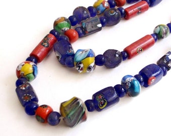 Venetian Glass Bead Necklace  Double Strand Hand Made Statement Necklace Impressive Bold Boho Ethnic Jewelry  Gifts for Her Mom Wife