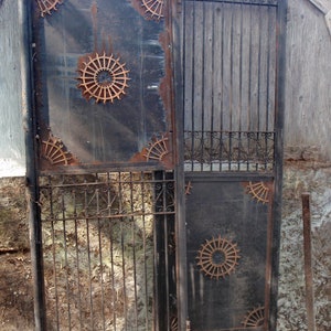 7 Foot Iron Bronze Double Doors, Antique French Art Deco Cast Iron Bronze Medallion Double Outdoor Exterior Door Movie Film Prop Design