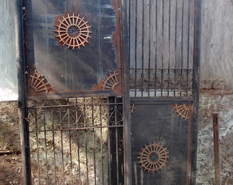 7 Foot Iron Bronze Double Doors, Antique French Art Deco Cast Iron Bronze Medallion Double Outdoor Exterior Door Movie Film Prop Design