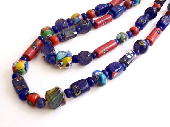 Venetian Glass Bead Necklace  Double Strand Hand Made Statement Necklace Impressive Bold Boho Ethnic Jewelry  Gifts for Her Mom Wife
