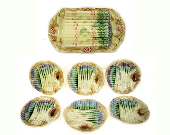 7pc Onnaing Majolica Asparagus Platter and Plates/French Antique Majolica Asparagus Cradle Server Plates Fine Dining Entertaining Platter
