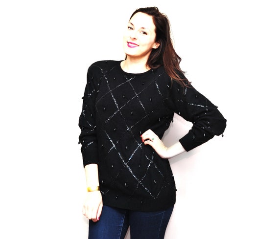 Beaded Lambswool Sweater Black Angora Wool Small to Medium Fancy