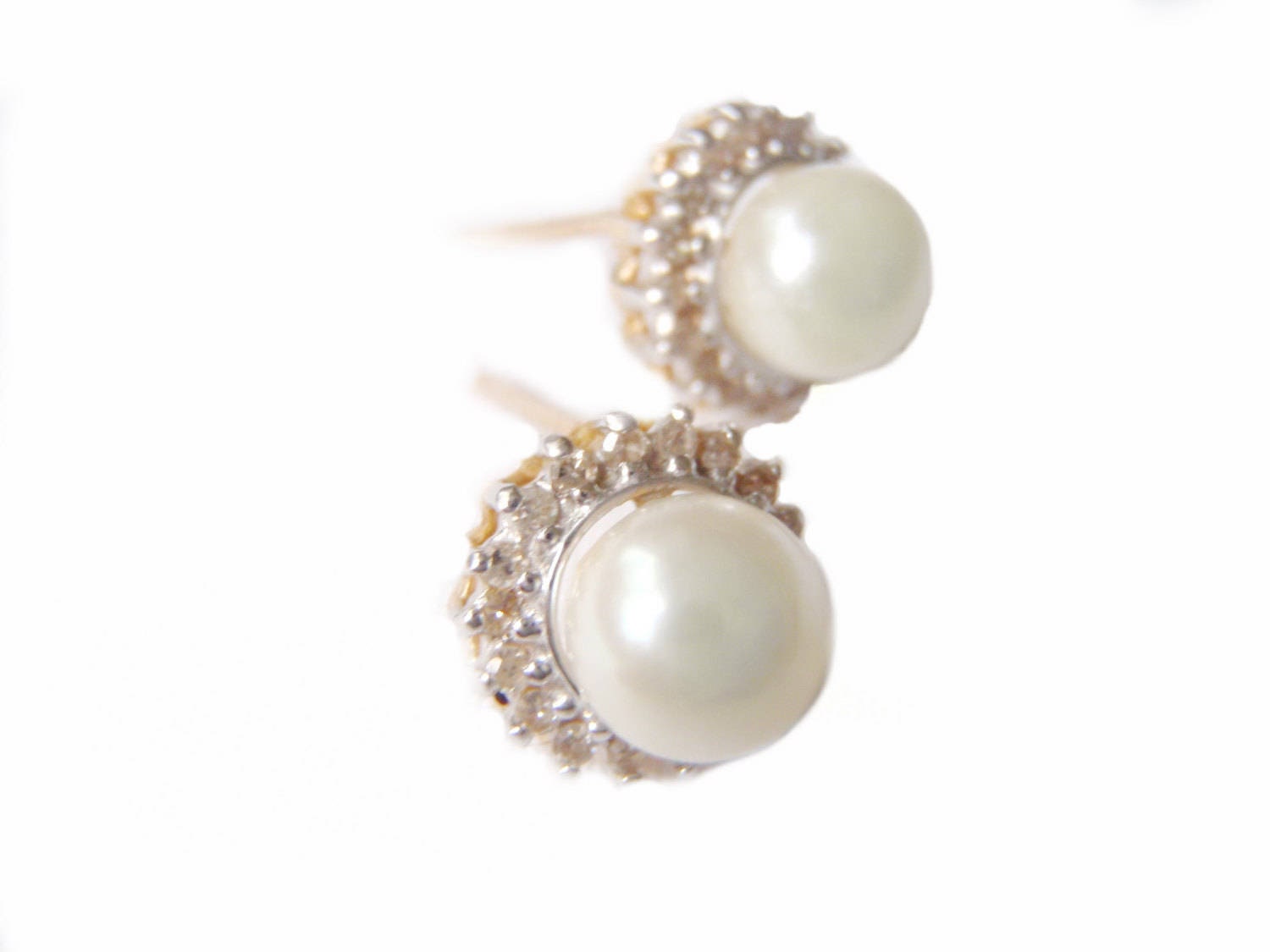 14k Gold Pearl Diamond Halo Earrings