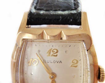 1955 Bulova Watch  Mid Century Mens Fancy Dress Bulova Wristwatch with Scalloped 10k Case Gifts for Him Groom Wedding Dad Boyfriend