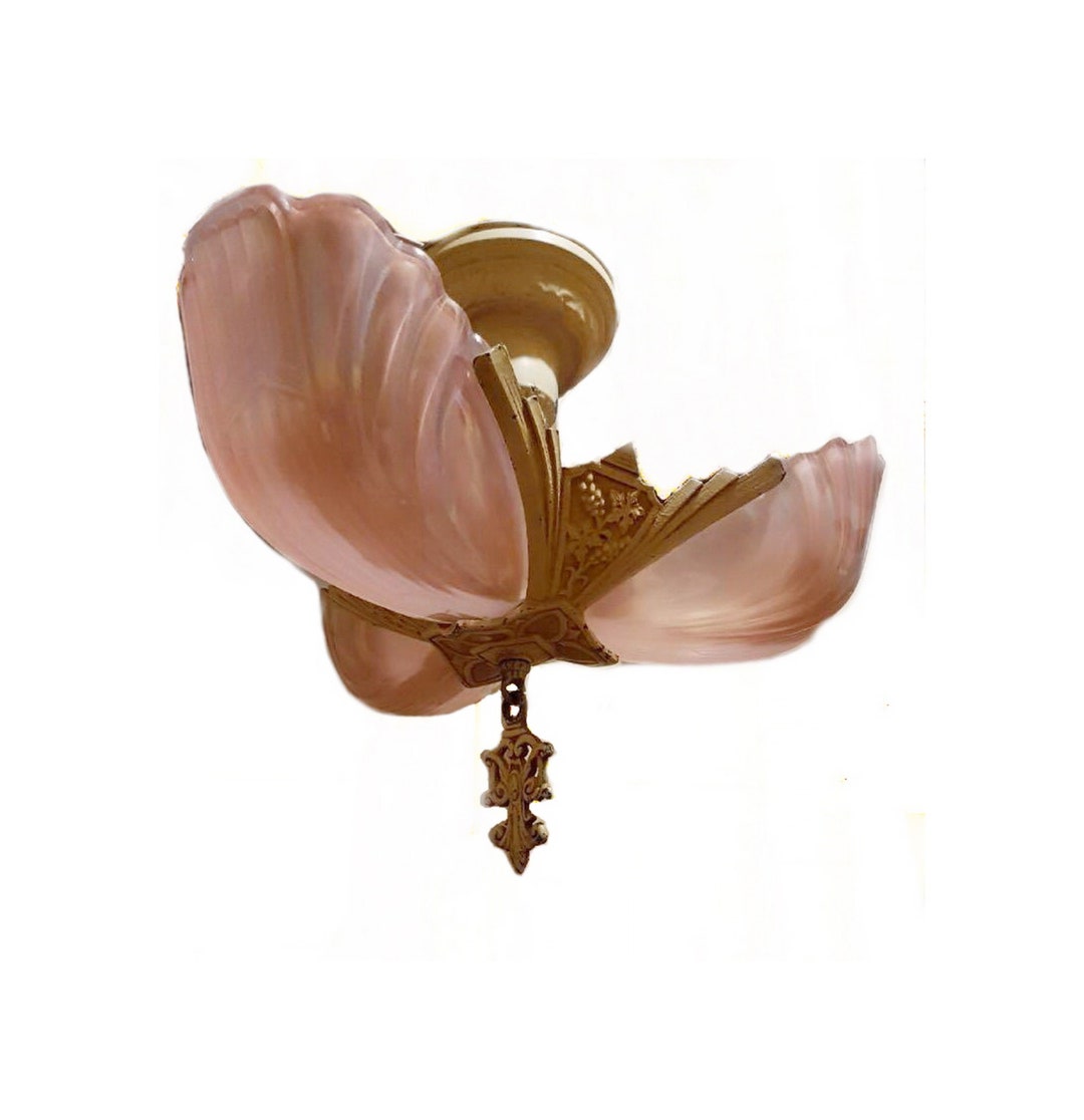 Art Deco 3 Slip Shade Chandelier Pink Markel 1920s Iridescent Pink Slip