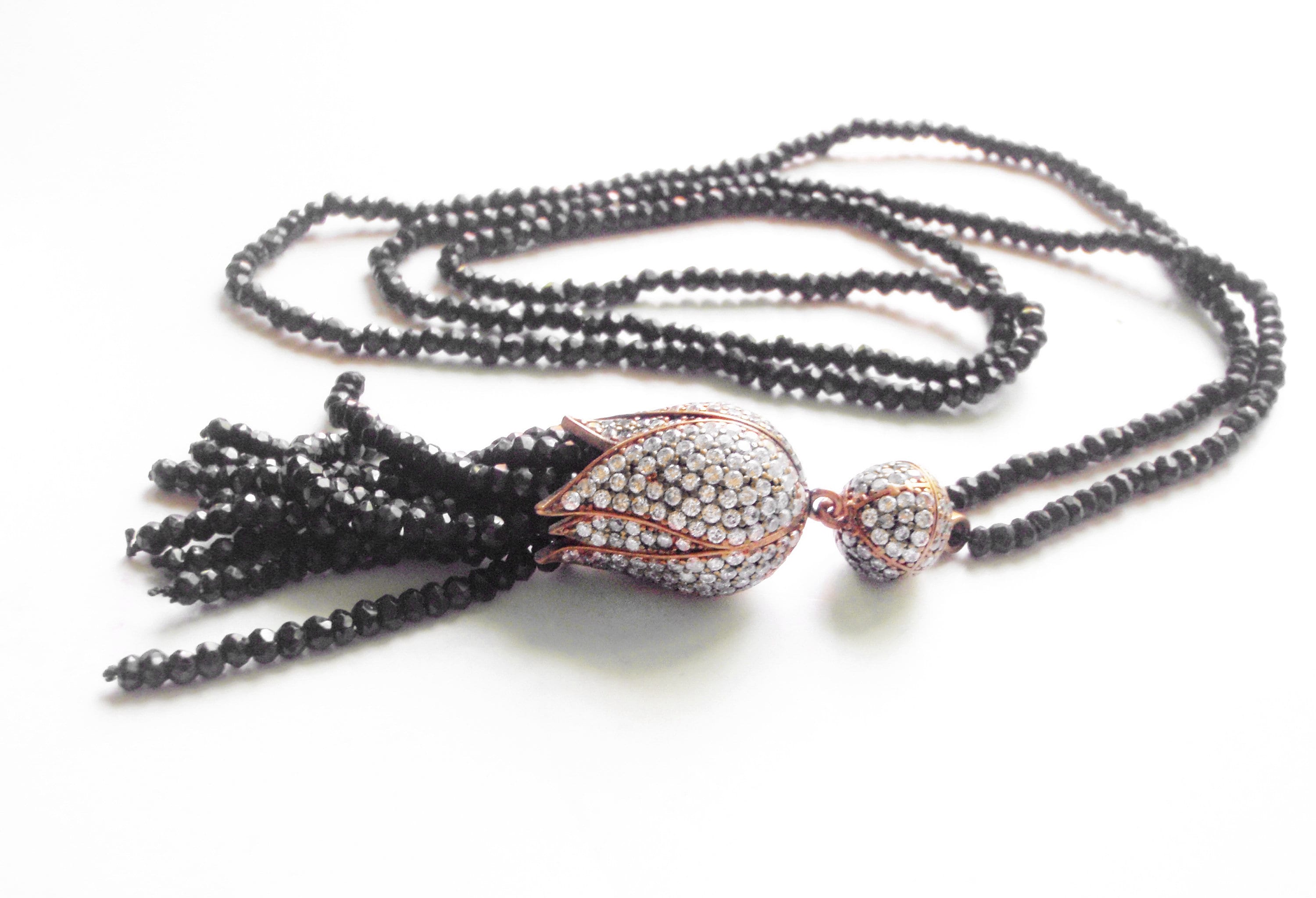 Jet Chain Famous Art Deco Jet Crystal Necklace/stunning 1920s Crystal Flower Petal Brass ...