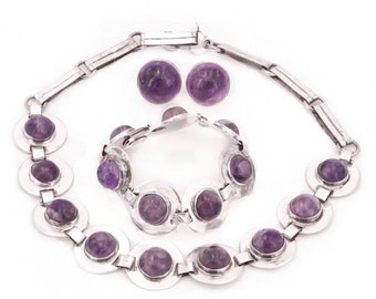 3 pc Taxco Amethyst Necklace, Bracelet and Earrings/1940s Taxco Mexican Silver Hinged Necklace~Bangle, Earrings Jewelry Gift Idea for Her