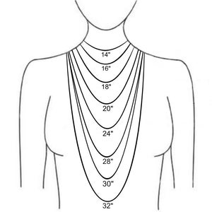 May include: Diagram illustrating necklace lengths on a person's torso. The image shows various necklace lengths, ranging from 14 inches to 32 inches, with each length clearly labeled. The necklaces are depicted as black lines, providing a visual guide for different chain lengths.