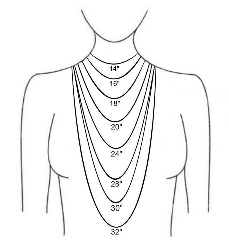May include: Diagram illustrating necklace lengths on a person's torso. The image shows various necklace lengths, ranging from 14 inches to 32 inches, with each length clearly labeled. The necklaces are depicted as black lines, providing a visual guide for different chain lengths.