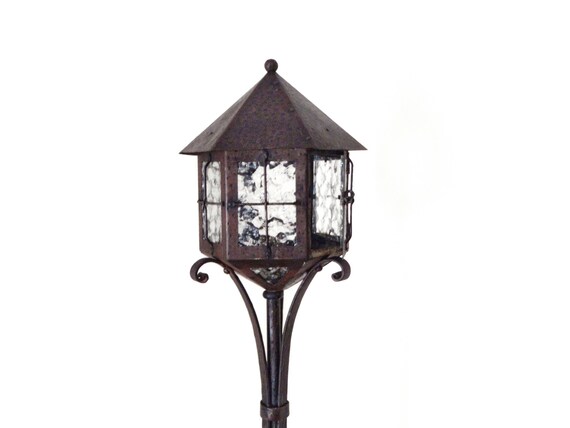 Antique Mission Floor Lamp Vintage Arts And Crafts Lighting Lantern Iron Mixed Metal Textured Glass Rare Arts Crafts Light
